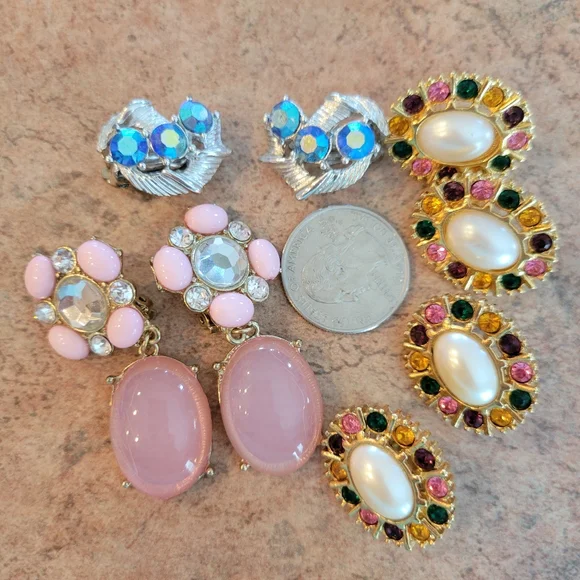 Contemporary Clip-On Earrings ~ 4pr ~ Rhinestones ~ Craft ~ Re-purpose ~ Upcycle - Picture 14 of 16